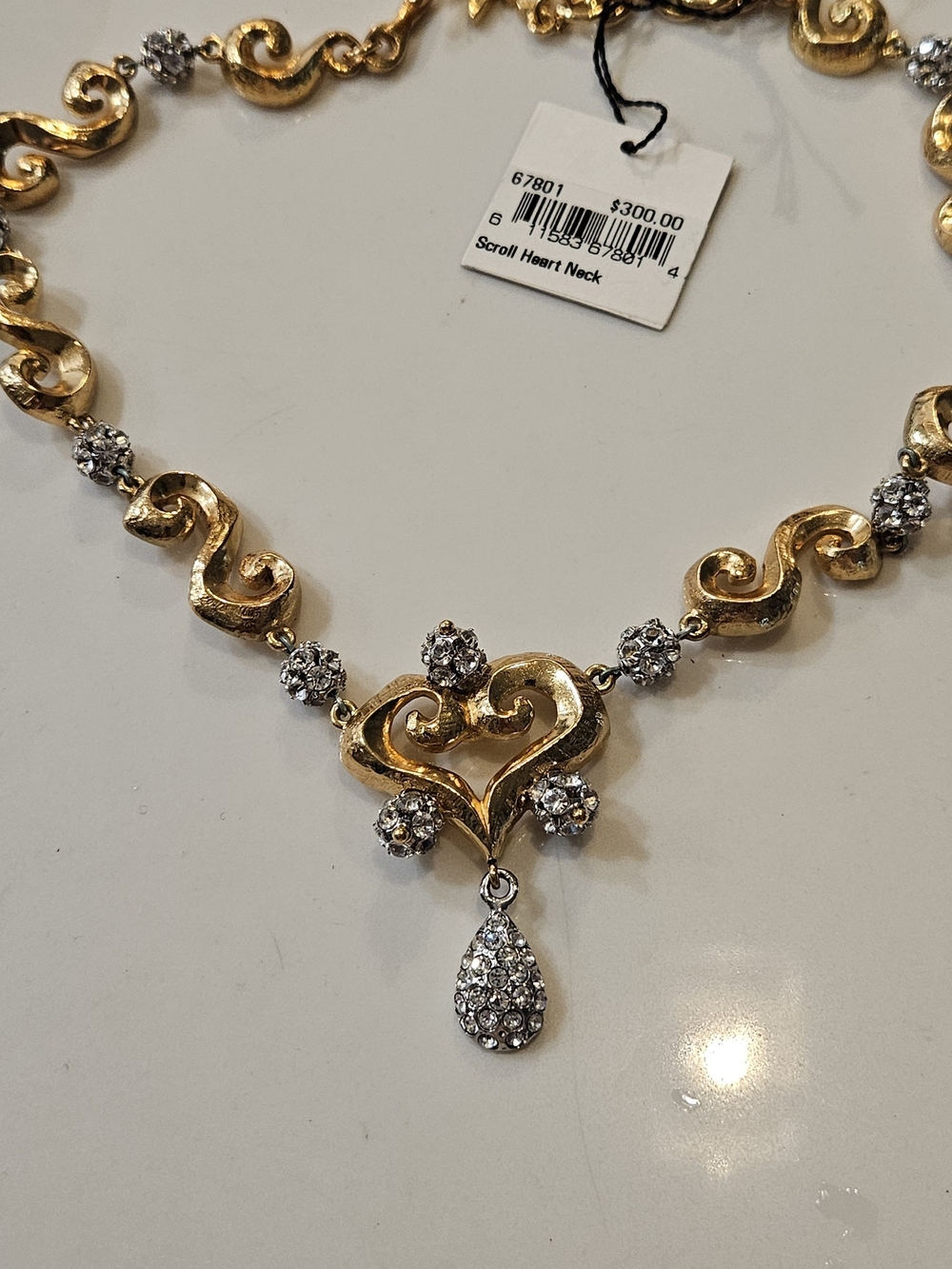 Gold Scroll Heart Necklace with Clear Crystal Drop